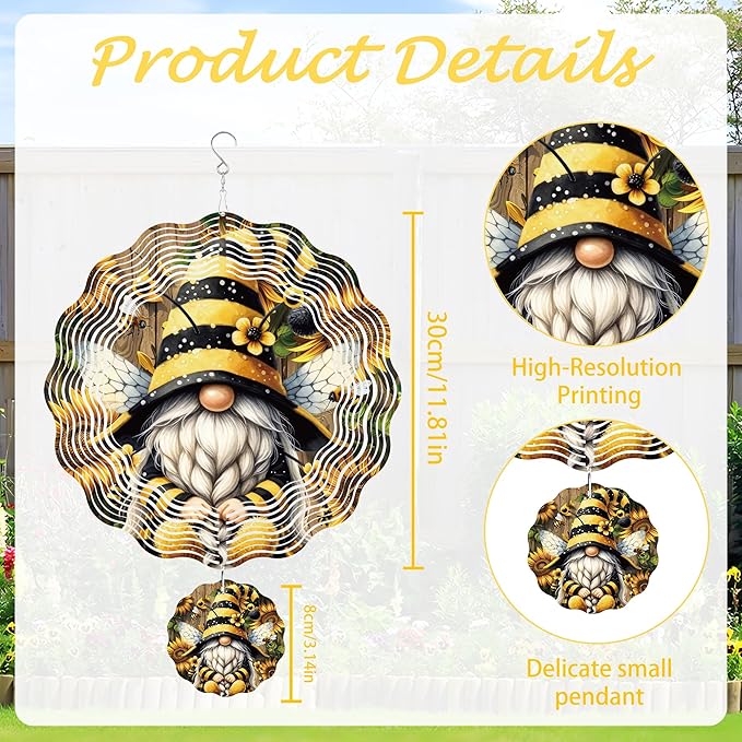Wind Spinner Hanging Outdoor Decor, 12 Inch 3D Bee Gnome Metal Kinetic Wind Spinners for Garden Yard Patio, Stainless Steel Laser Cut Art Gifts for Women Outdoor Decorations