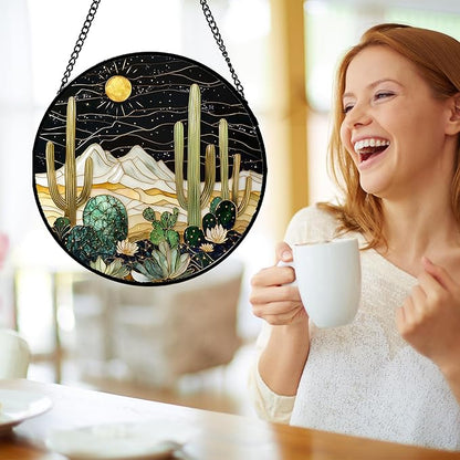DASTOLL Stained Glass Window Hanging, Black and White Golden Cactus Nature Suncatcher for Doors Window Home Starry Sky Sun Catchers Decor Mother's Day Birthday Gifts for Women, Men Mom 11.8 in