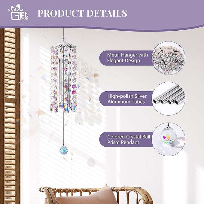 GiftAmaz Crystal Suncatcher Wind Chimes with 4 Tuned Tubes, Hanging Prism Rainbow Maker Chandelier Crystal Pendant Wind Chime Window Hanging Ornament Gift for Women Friends Home Garden Decor Birthday