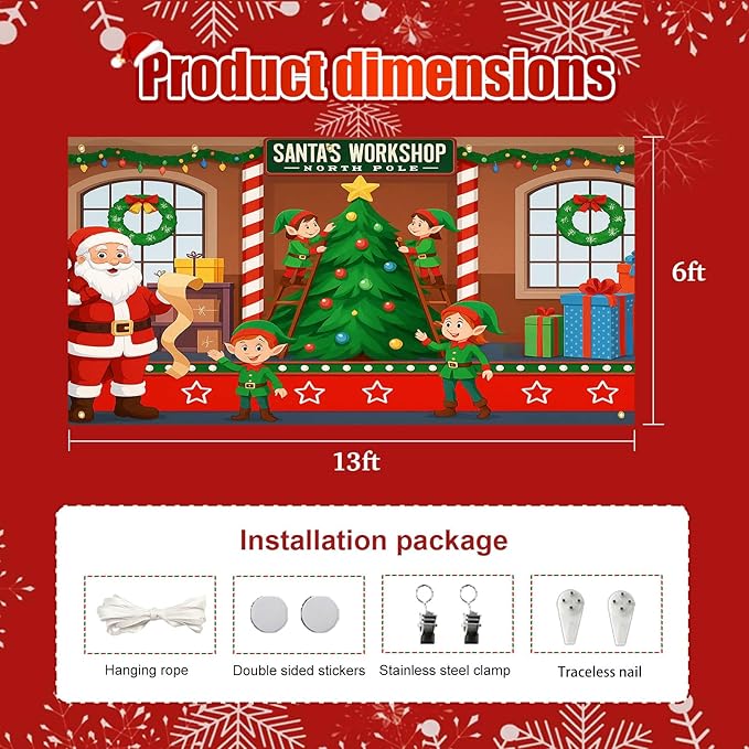 HOMETITUTE Christmas Garage Door Banner 13x6ft Santas Workshop Elves Santa Claus Theme Backdrop Banners for Outside Inside Winter Door Cover Garage Wall Covering for Party Garage Decorations