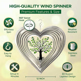 ISEO Silver Heart Wind Spinner for Yard and Garden with Crystals, Hanging Outdoor Decor, Yard Art, Porch and Patio Decorations, Metal Wind Spinners Outdoor, Weather Resistant, 12”