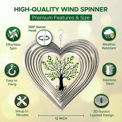 ISEO Silver Heart Wind Spinner for Yard and Garden with Crystals, Hanging Outdoor Decor, Yard Art, Porch and Patio Decorations, Metal Wind Spinners Outdoor, Weather Resistant, 12”
