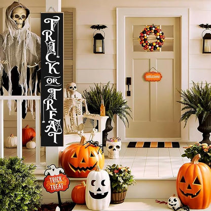 Halloween Porch Sign Decor "Trick or Treat" Wooden Hanging Sign Door Porch Standing Decorative Signs for Front Door Farmhouse Outdoor Indoor Welcome Sign Wall Craft Decor 47.2"H