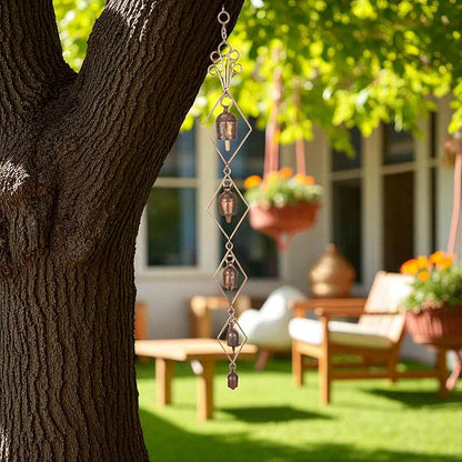 Rustic Gold Metal Wind Chimes for Outside Yard Decor – 33" Diamond Frame Hanging Wind Catcher - Bronze Finish Garden Accent for Porch, Balcony, Meditation, Memorial, or Outdoor Entryway