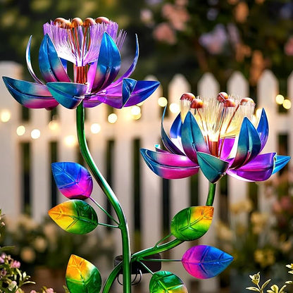Solar Wind Spinner Outdoor Metal Garden Decor – 2-in-1 Kinetic Double Lotus Flower Stake with Glowing Fiber Optic Lights, Multi-Color Spinning Yard Art Sculpture for Patio, Lawn, and Pathway