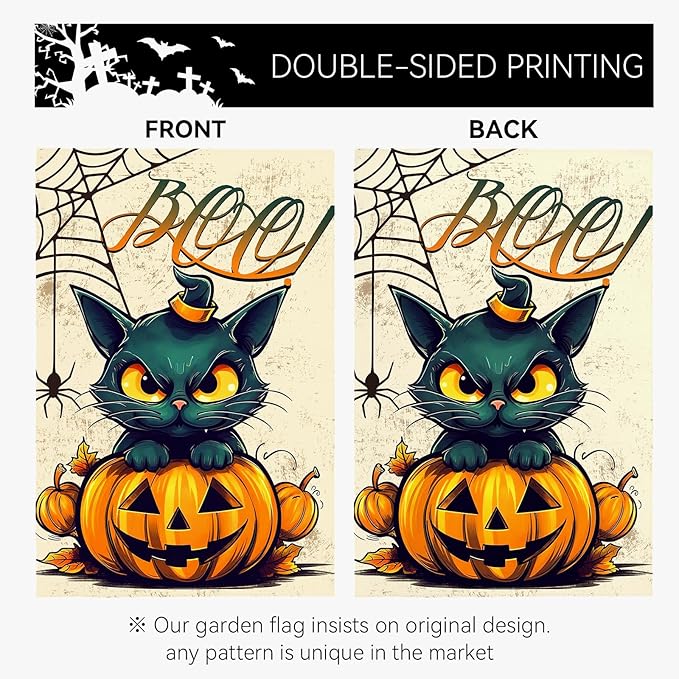 Halloween Garden Flags Black Cat Boo Yard Flag Scary Pumpkin Vertical Garden Flags Spiders Web Holiday Yard Banner 12x18 Inch Double Sided for Outside Decoration