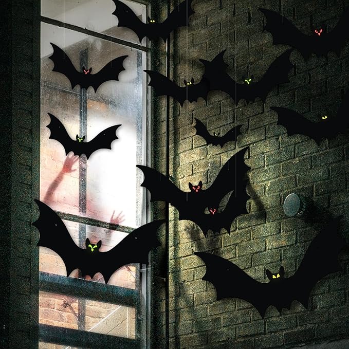 Hanging Bats Halloween Decorations 12pcs 3D Realistic Halloween Hanging Flying Bat with Glowing Eyes for Outdoor (3 Styles)