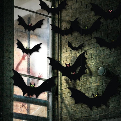 Hanging Bats Halloween Decorations 12pcs 3D Realistic Halloween Hanging Flying Bat with Glowing Eyes for Outdoor (3 Styles)