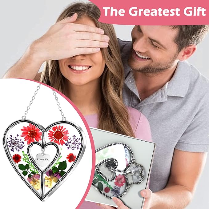 KY&BOSAM Heart Suncatchers I Love You Stained Glass Hangings for Windows Suncatcher Birthday Gifts for Women Mothers Valentine`s Day Real Flower Glass & Metal Maker for Christmas Party Home Decor