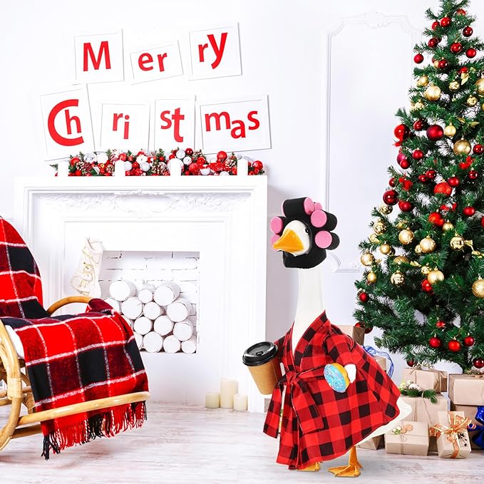 Shyyween Porch Goose Christmas Outfit 23 Inch Lady Goose Statue Clothes Red and Black Plaid Bathrobe Coffee Cup Curlers for Cement Plastic Lawn Geese Outdoor Garden Yard Patio Decoration