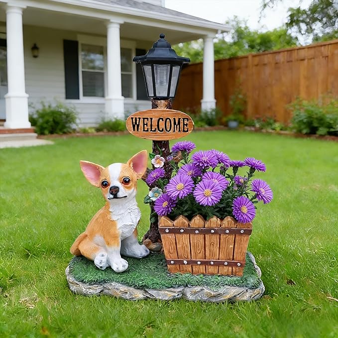 Solar Garden Statue with Planter & Solar Lantern, Outdoor Resin Animal Sculpture, Waterproof Yard Lawn Decor Pot for Succulents, Front Porch Ornament Housewarming Gift (Chihuahua)