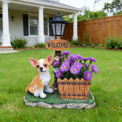 20" Solar Chihuahua Garden Statue with Welcome Sign & Planter - Large Dog Sculpture with LED Street Lantern - Weatherproof Resin Decorative Flower Pot for Porch, Yard & Patio - Pet Lover Gift