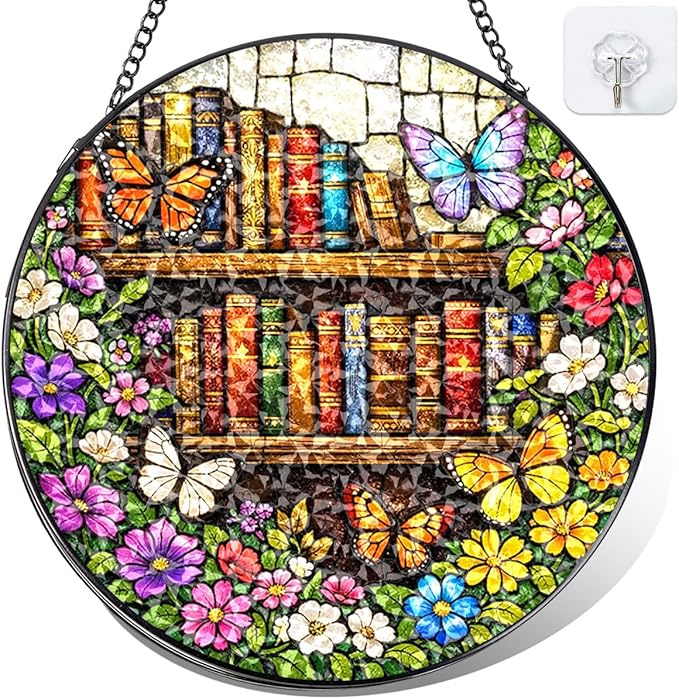 Butterfly Bookshelf Stained Glass Window Hanging – Round Floral Suncatcher with Chain, Colorful Glass Ornament for Reading Room Home Garden Decor Gift, 8 Inch