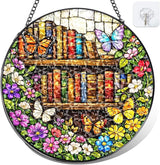 Butterfly Bookshelf Stained Glass Window Hanging – Round Floral Suncatcher with Chain, Colorful Glass Ornament for Reading Room Home Garden Decor Gift, 8 Inch