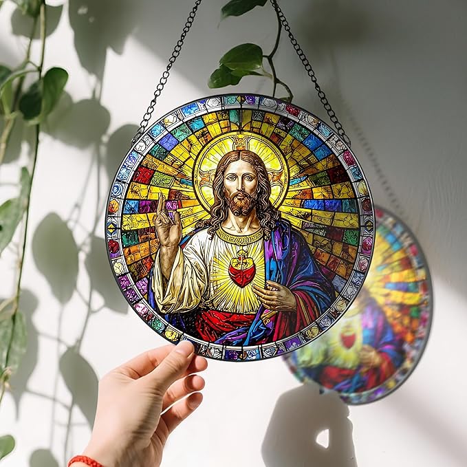 8'' Sacred Heart of Jesus Stained Glass Suncatcher, Stained Glass Window Hanging, Religious Ornament, Christian Home Decor, Gifts for Christmas, Christian Gift, Religious Gift