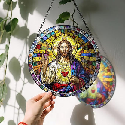 8'' Sacred Heart of Jesus Stained Glass Suncatcher, Stained Glass Window Hanging, Religious Ornament, Christian Home Decor, Gifts for Christmas, Christian Gift, Religious Gift