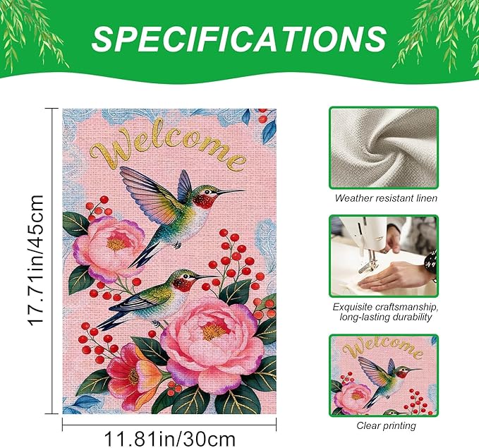IVN Hummingbird Garden Flag 12x18 Inch – Welcome Floral Outdoor Flag, Double Sided Burlap Spring Summer Yard Flag for Porch Lawn Patio Decor