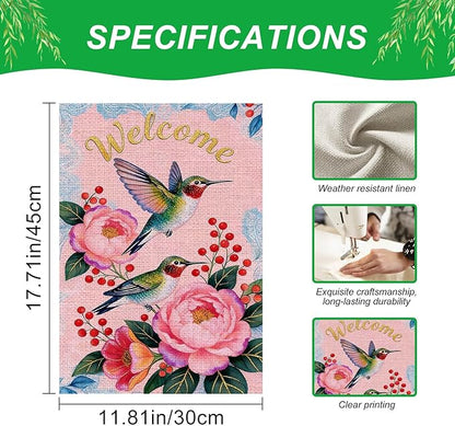 IVN Hummingbird Garden Flag 12x18 Inch – Welcome Floral Outdoor Flag, Double Sided Burlap Spring Summer Yard Flag for Porch Lawn Patio Decor