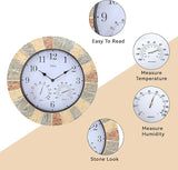 Lily's Home Hanging Wall Clock, Includes a Thermometer and Hygrometer and is Ideal for Indoor and Outdoor Use, Wonderful Housewarming Gift for Friends, Faux-Stone (13 Inches)