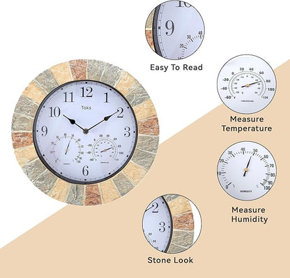 Lily's Home Hanging Wall Clock, Includes a Thermometer and Hygrometer and is Ideal for Indoor and Outdoor Use, Wonderful Housewarming Gift for Friends, Faux-Stone (13 Inches)
