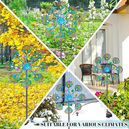 Metal Wind Spinner Outdoor, Kinetic Pinwheel Wind Sculpture with Stake, Small Garden Windmill for Patio Yard Lawn Art Decor (1pcs-Blue Green)