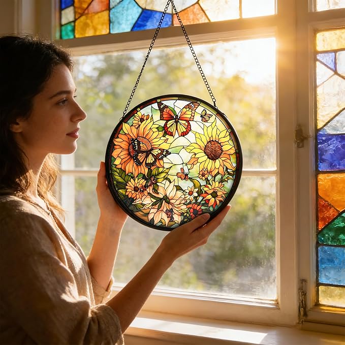 Sunflower Stained Glass Window Hanging,Flowers and Butterfly Sun Catcher for Door Terrace Garden Kitchen Home Decor, Suncatchers for Christmas Mother's Day Birthday Valentine's Day Gift 11.8 in