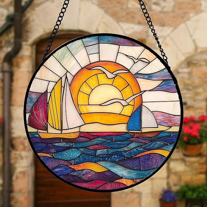 DASTOLL Stained Glass Window Hanging, Sailboat and Waves Suncatcher Diamond Glass Panel Hangings Sun Catchers Decor for Birthday for Women, Men, Wife, Aunt, and Mom 9.8 in