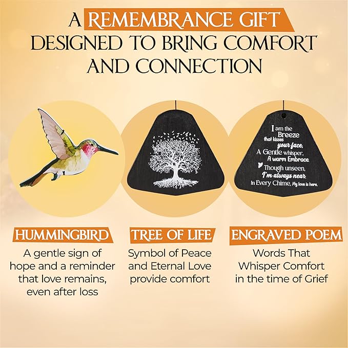 32 Inch Hummingbird Memorial Wind Chimes Outdoor, Sympathy Gifts for Loss of Loved One, Memorial Gifts for Loss of Mom, Sympathy Wind Chimes for Mother, Father, Brother, Sister