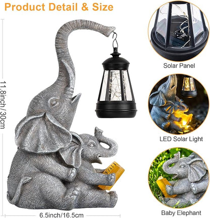 Candieslife Solar Garden Statue Lights Loving Elephants Figurine with Solar Lantern, Outdoor Yard Decorations for Patio Porch Home, Housewarming Elephant Gifts for Mom, Women