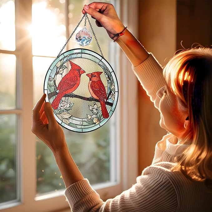7.8" Cardinal Stained Glass Suncatchers, Red Birds and Flower Art Glass Sun Catcher for Window Hanging, Gifts for Bird Lovers Women Grandma Mom, Memorial Keepsake Painted Panel Décor BIRD-02B-SG8