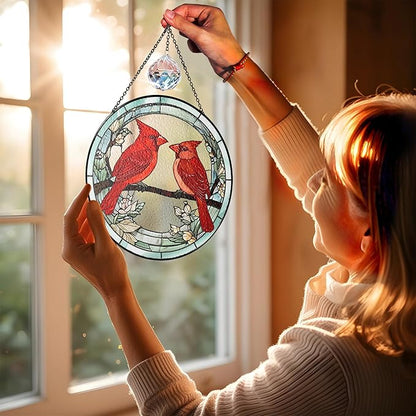 7.8" Cardinal Stained Glass Suncatchers, Red Birds and Flower Art Glass Sun Catcher for Window Hanging, Gifts for Bird Lovers Women Grandma Mom, Memorial Keepsake Painted Panel Décor BIRD-02B-SG8