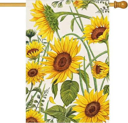 Baccessor Spring Summer Sunflower House Flag 28 x 40 Inch Double Sided Burlap Summer Yellow Flower Green Leaf Farmhouse Large Yard Flag Summer Holiday Seasonal Outdoor Outside Decoration