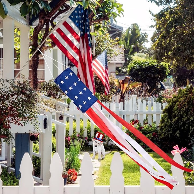2 Pack American Flag Windsock, 40 Inch USA 4th of July Decorations Outdoor, Fade Resistant Stars & Stripes Patriotic Decor, Red White and Blue Wind Socks for Outside Memorial Day Yard Garden Decor