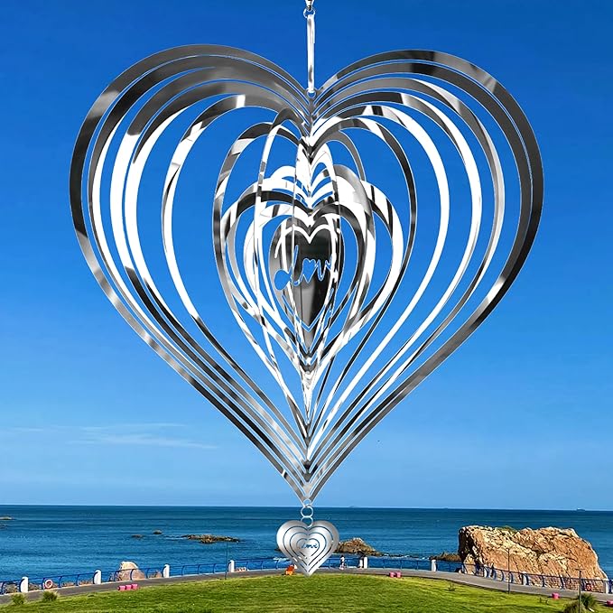 HOOSUN Metal Wind Spinners Outdoor for Yard and Garden Decor,Reflective Bird Deterrents for Outside Windows Patio Porch,Stainless Steel 3D Hanging Heart Wind Spinners Gifts for Mom Women