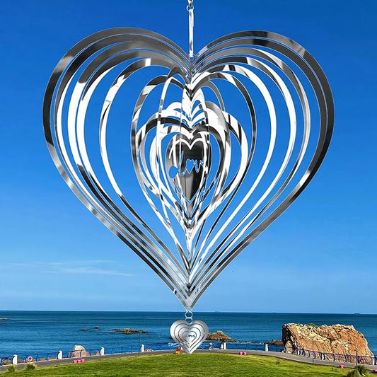 HOOSUN Metal Wind Spinners Outdoor for Yard and Garden Decor,Reflective Bird Deterrents for Outside Windows Patio Porch,Stainless Steel 3D Hanging Heart Wind Spinners Gifts for Mom Women