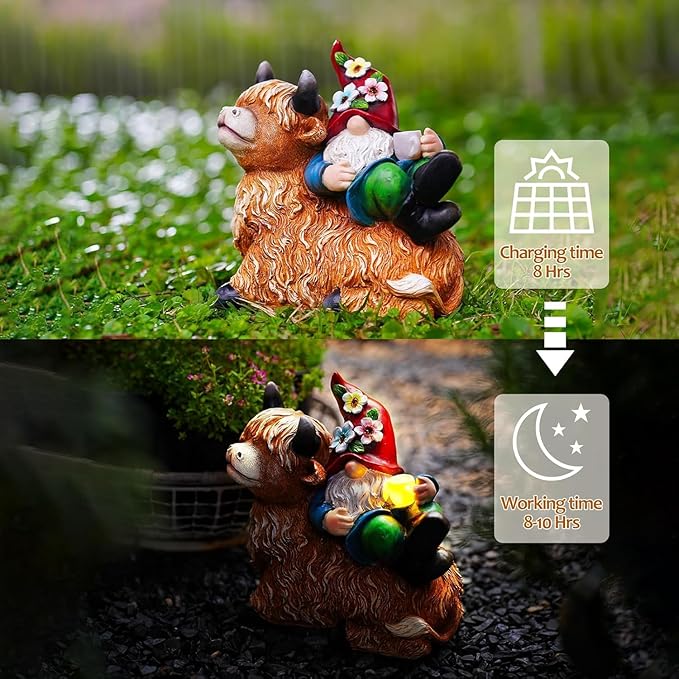 Pohabery Garden Gnomes Decor Outdoor Statues Gnome on Highland Cow Hold Solar Cup Light Outdoor Decorations for Patio,Yard and Gift for Mom