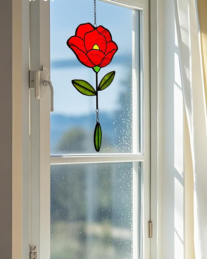 Stained Glass Window Hangings, Handcrafted Garden Suncatchers for Window and Home Decor, Unique Artisan Glass Ornaments for Indoor and Outdoor Use (B-Red)