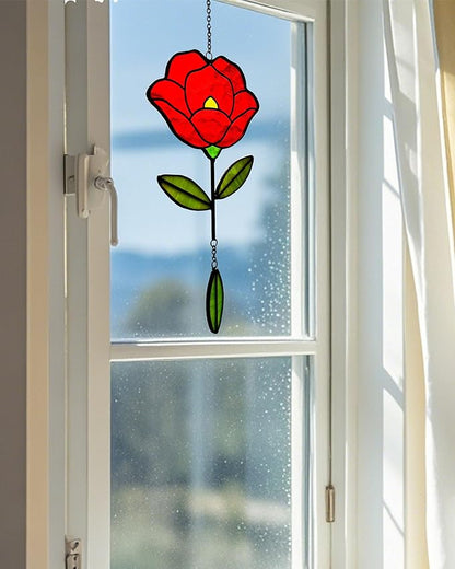 Stained Glass Window Hangings, Handcrafted Garden Suncatchers for Window and Home Decor, Unique Artisan Glass Ornaments for Indoor and Outdoor Use (B-Red)