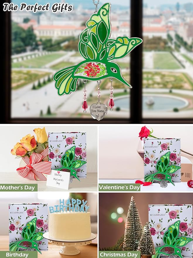 KY&BOSAM I Love You Nana Hummingbird Suncatcher Glass Suncatchers for Windows Hanging Ornament Wind Chime Pressed Drived Flowers and Metal Heart Charm Birthday Gifts for Nana Mothers Day Christmas