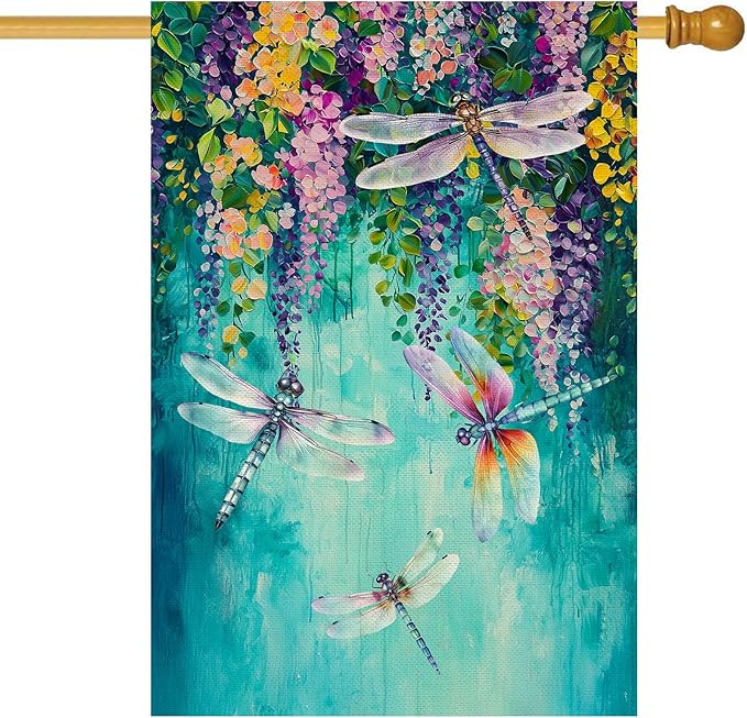 Baccessor Spring Summer Floral House Flag Double Sided 28x40 Inch Burlap,Wisteria Dragonfly Flowers Welcome Large Garden Flag Porch Patio Front Yard Seasonal Farmhouse Outside Outdoor Decor