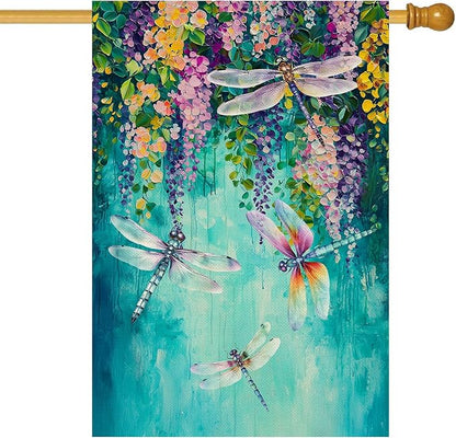 Baccessor Spring Summer Floral House Flag Double Sided 28x40 Inch Burlap,Wisteria Dragonfly Flowers Welcome Large Garden Flag Porch Patio Front Yard Seasonal Farmhouse Outside Outdoor Decor
