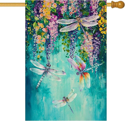 Baccessor Spring Summer Floral House Flag Double Sided 28x40 Inch Burlap,Wisteria Dragonfly Flowers Welcome Large Garden Flag Porch Patio Front Yard Seasonal Farmhouse Outside Outdoor Decor