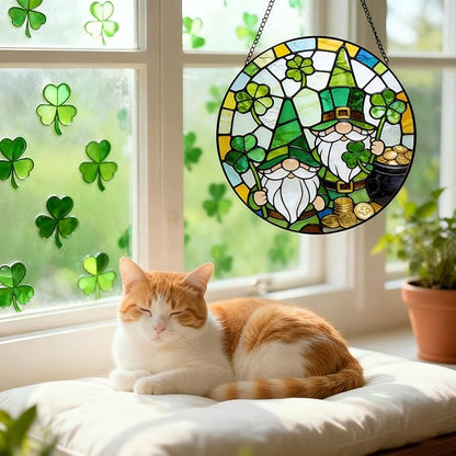 Funoasis Stained Glass Window Hanging Suncatcher - 6.3 Inches St. Patrick's Day Gnome Clover and Gold Coin Ornaments Sun Catcher Home Decor Spring Decoration