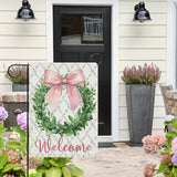 Dyrenson Welcome Pink Bow Wreath Decorative Garden Flag, Coquette Ribbon Eucalyptus Leaves Yard Outside Home Decoration, Botanical Floral Burlap Outdoor Small Decor Double Sided 12 x 18