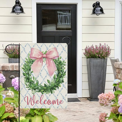 Dyrenson Welcome Pink Bow Wreath Decorative Garden Flag, Coquette Ribbon Eucalyptus Leaves Yard Outside Home Decoration, Botanical Floral Burlap Outdoor Small Decor Double Sided 12 x 18