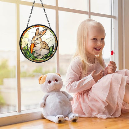Easter Bunny Carrot Suncatchers Stained Glass Window Hanging, Easter Bunny Decor Sun Catchers Indoor Window Glass Round Wall Decor, Rabbit Wall Hanging Decorations, 7.9x7.9in