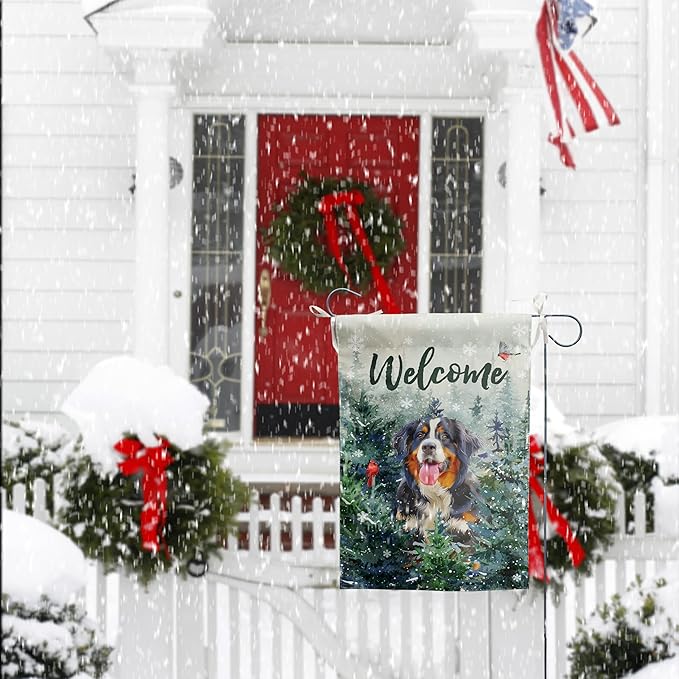 Welcome Winter Garden Flags Bernese Mountain Garden Flag Cardinal Birds on Snowy Pine Tree Flag Dog Yard Flags for Outside 12x18 Double Sided Christmas Decorative