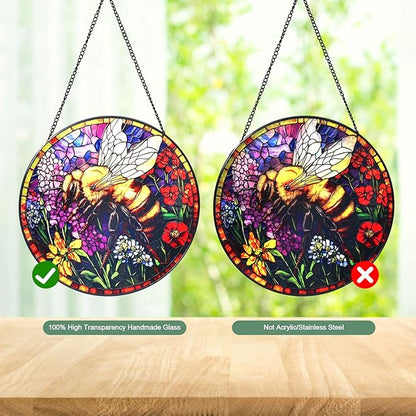 Bee and Flowers Stained Glass Window Hanging Suncatcher with Chain - 7.9" Outdoor/Indoor Art Decor for Home Garden, Wedding, Mother's, Thanksgiving, Valentine's & Christmas Ornaments Present