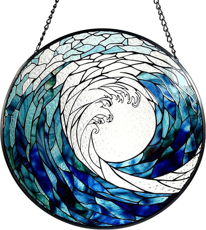 Ocean Waves Stained Glass Suncatcher, Handmade Window Hanging Wall Art with Chain, Real Glass Coastal Home Decor, Unique Sun Catcher Gift for Women, Christmas, 9.8