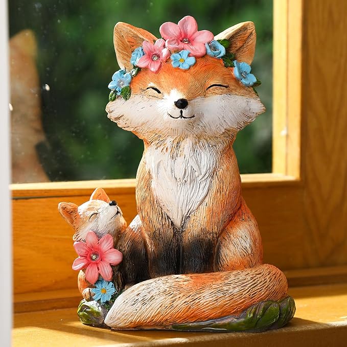Leinuosen Mom and Baby Fox Gift Statue for Women Solar Powered Garden Decor Outdoor Lighted Resin Mother's Day Fox Gifts for Mama Grandma Patio Porch Yard Lawn Courtyard Backyard Indoor